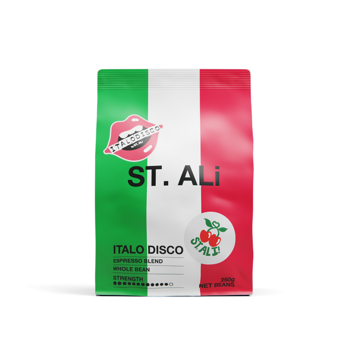 Colourful Italian Italo Disco ST. ALi bag of coffee beans 250 grams
