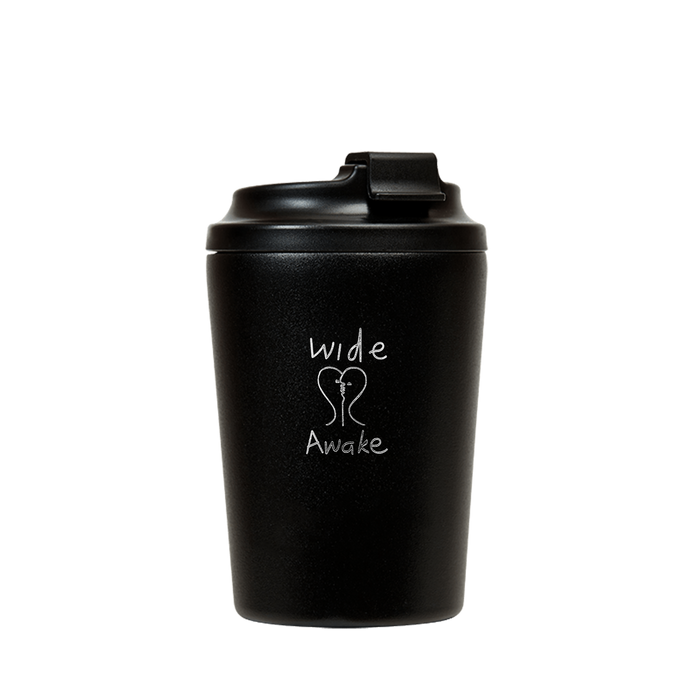 Black reusable coffee cup with white WIDE AWAKE graphic