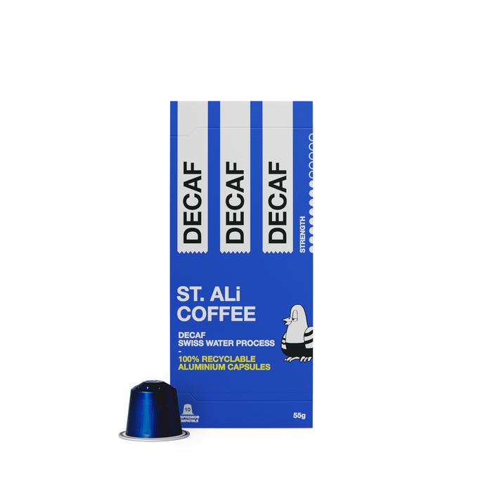 ST. ALi swiss water decaf blue box of capsules 55 grams front