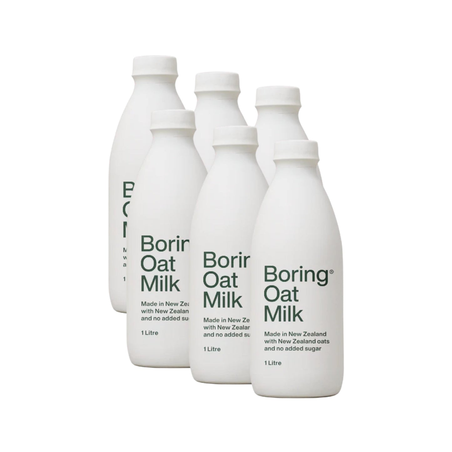 6 pack of 1 litre white bottles of boring oat milk