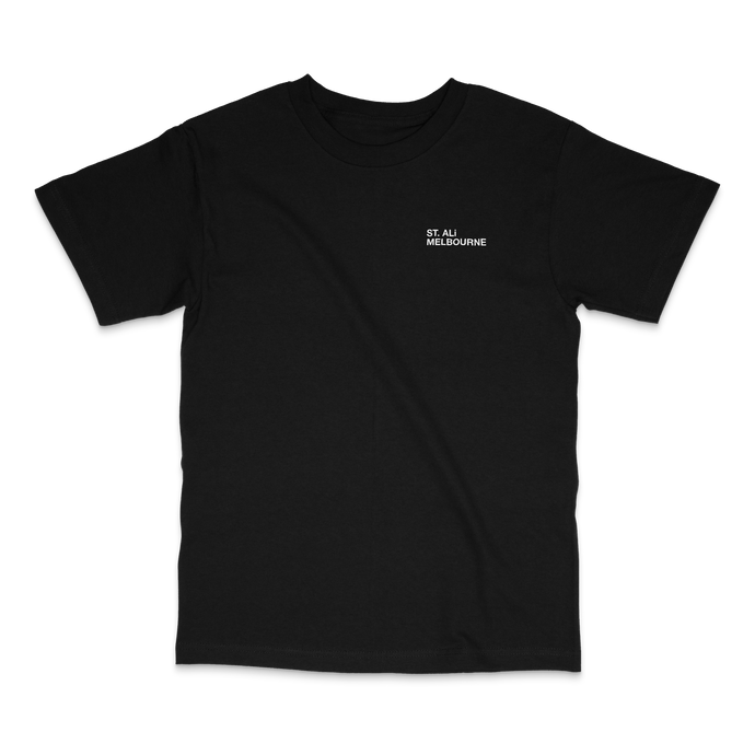 ST. ALi Melbourne black t-shirt with white graphic