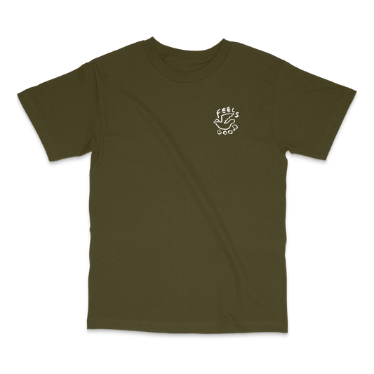 Feels Good Dove tee in dark khaki green with white graphic front view