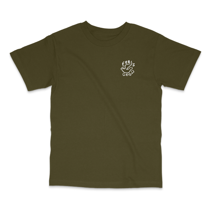 Feels Good Dove tee in dark khaki green with white graphic front view
