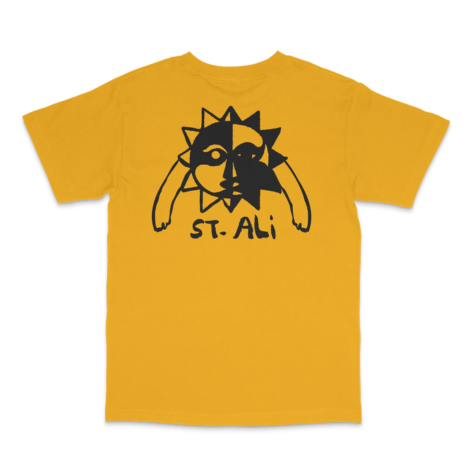 Yellow t-shirt with black sun graphic front
