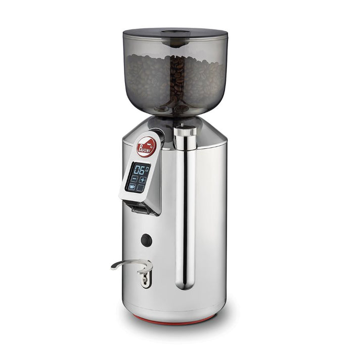 La Pavoni coffee grinder in silver with coffee beans
