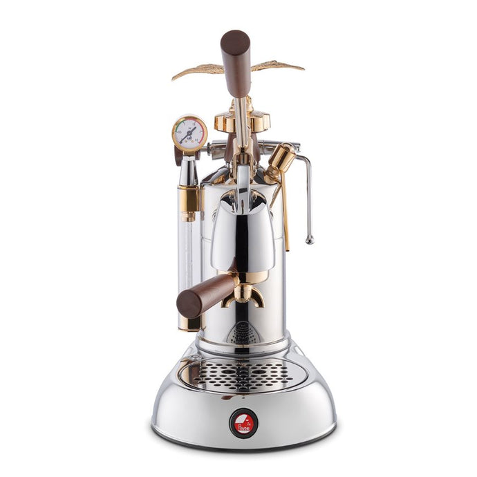 La Pavoni Lever Coffee Machine in gold and silver front view