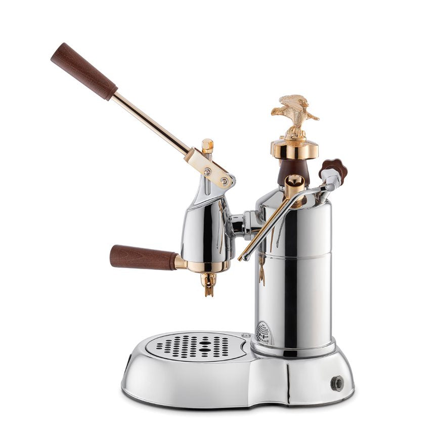 La Pavoni Lever Coffee Machine in gold and silver side view