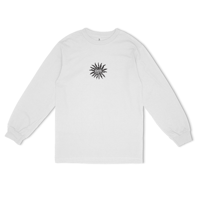 White crewneck tee with small black sun graphic front view