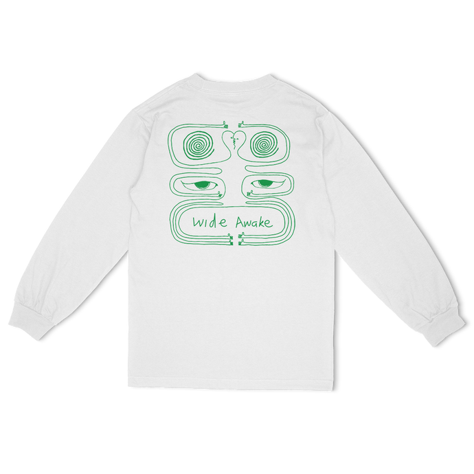 White long sleeve tee with large wide awake illustration in green back view