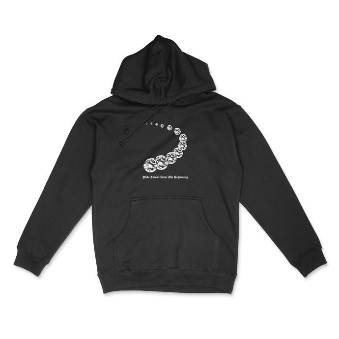 Black dawn hoodie with white logo on front with text