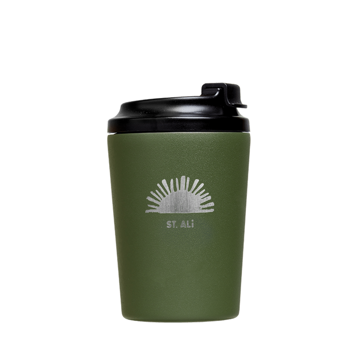 Green reusable coffee cup with white sun ST. ALi graphic