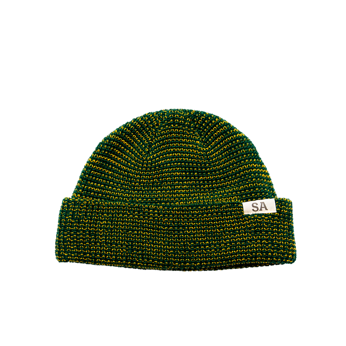 Green and yellow wool beanie with white SA logo