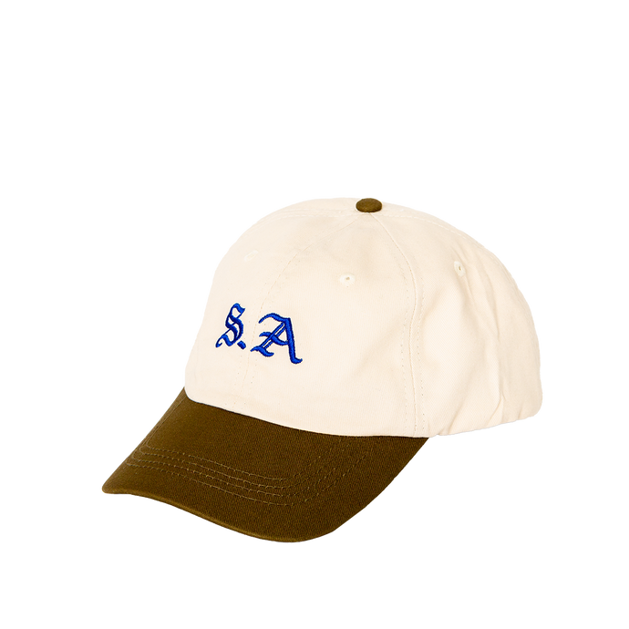 ST. ALi dad cap in cream and brown with blue logo front view
