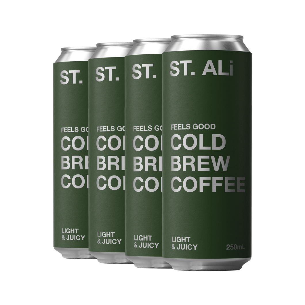 Pack of ST. ALi green Feels Good cans of cold brew coffee 250 millilitres