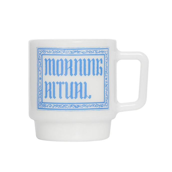 MORNING RITUAL glass white mug with blue graphic
