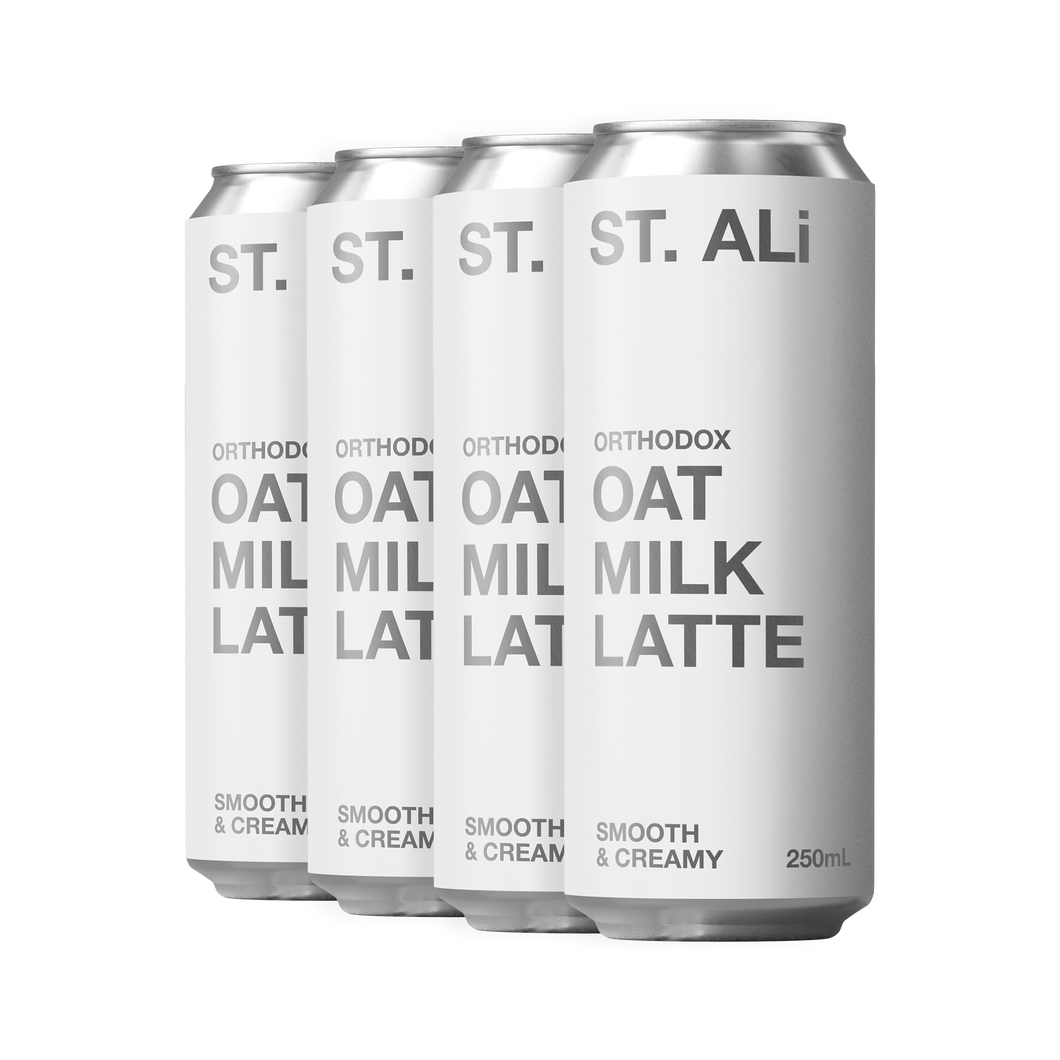 Pack of Orthodox 250 millilitre white cans of oat milk latte