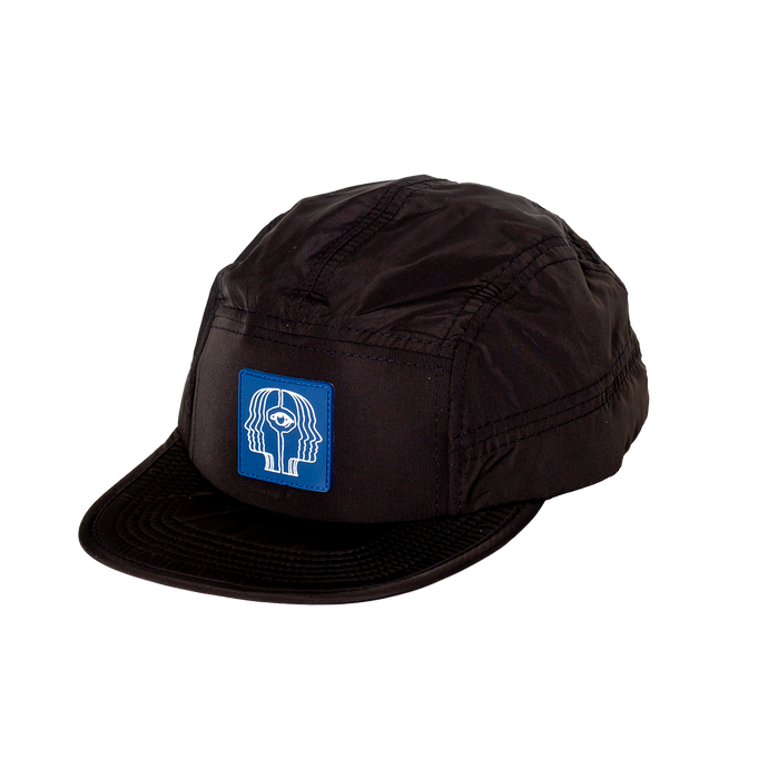 Black runner cap with blue and white logo design