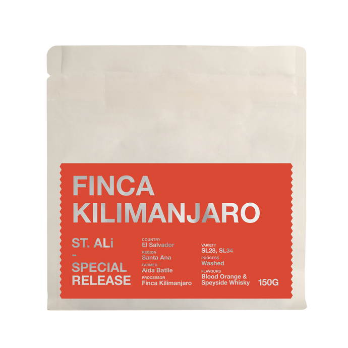 El Salvador Finca Kilimanjaro ST. ALi 150 grams white and orange bag of coffee