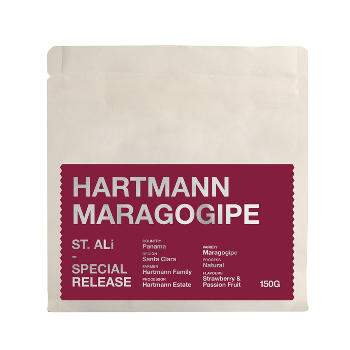 Panama Harmann Maragogipe 150 gram white and red ST. ALi bag of coffee