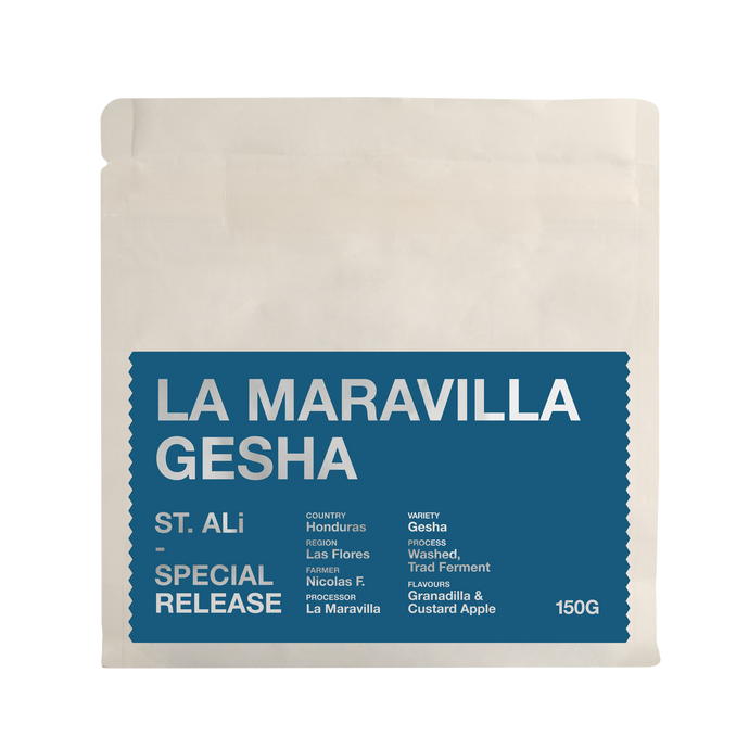 La Maravilla Gesha Honduras 150 gram white and blue bag of coffee