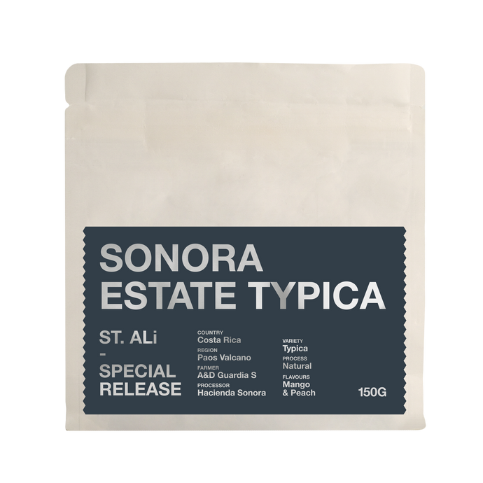 Sonora Estate Typica Costa Rica ST. ALi 150 gram white and navy bag of coffee