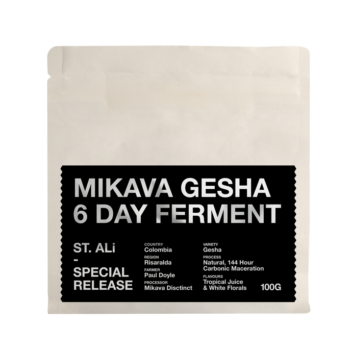 Mikava Gesha Colombia special release 100 gram white and black bag of coffee