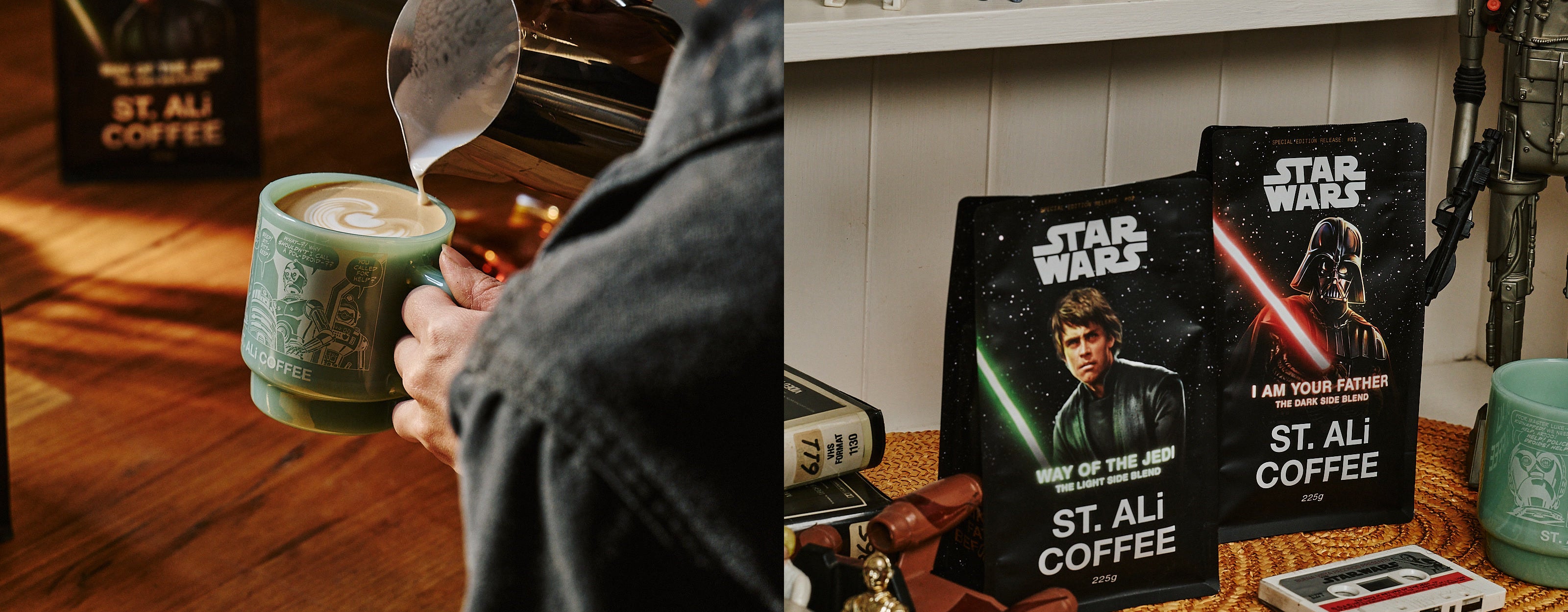 ST. ALi Star Wars green mug and centred two-coffee-bag desktop hero