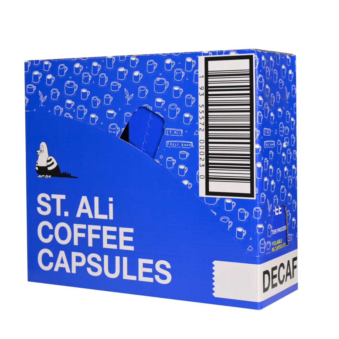 Side of Swiss Water Decaf blue box of coffee 55 grams 60 capules