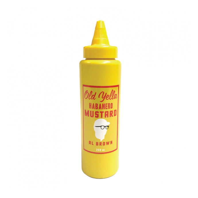 Old Yella habanero mustard in bottle 250 millilitres