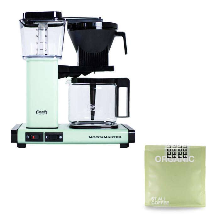 Moccamaster brewer in mint green with 250 gram feels good bag of coffee