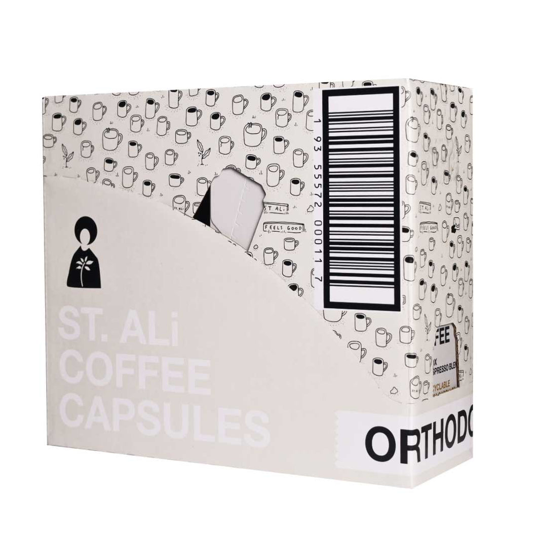 SIde of Orthodox coffee capsules white box 55 grams