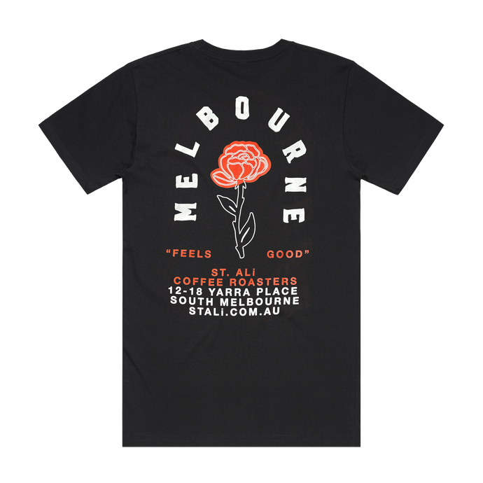 Black tee with red and white rose graphic and red and white text back view