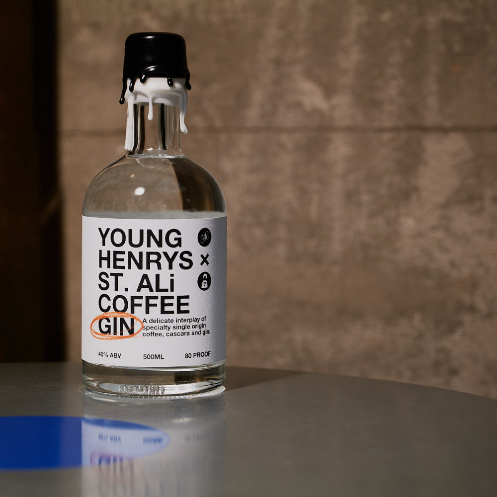 T. ALi coffee Young Henrys Gin in bottle on table 500 millilitres