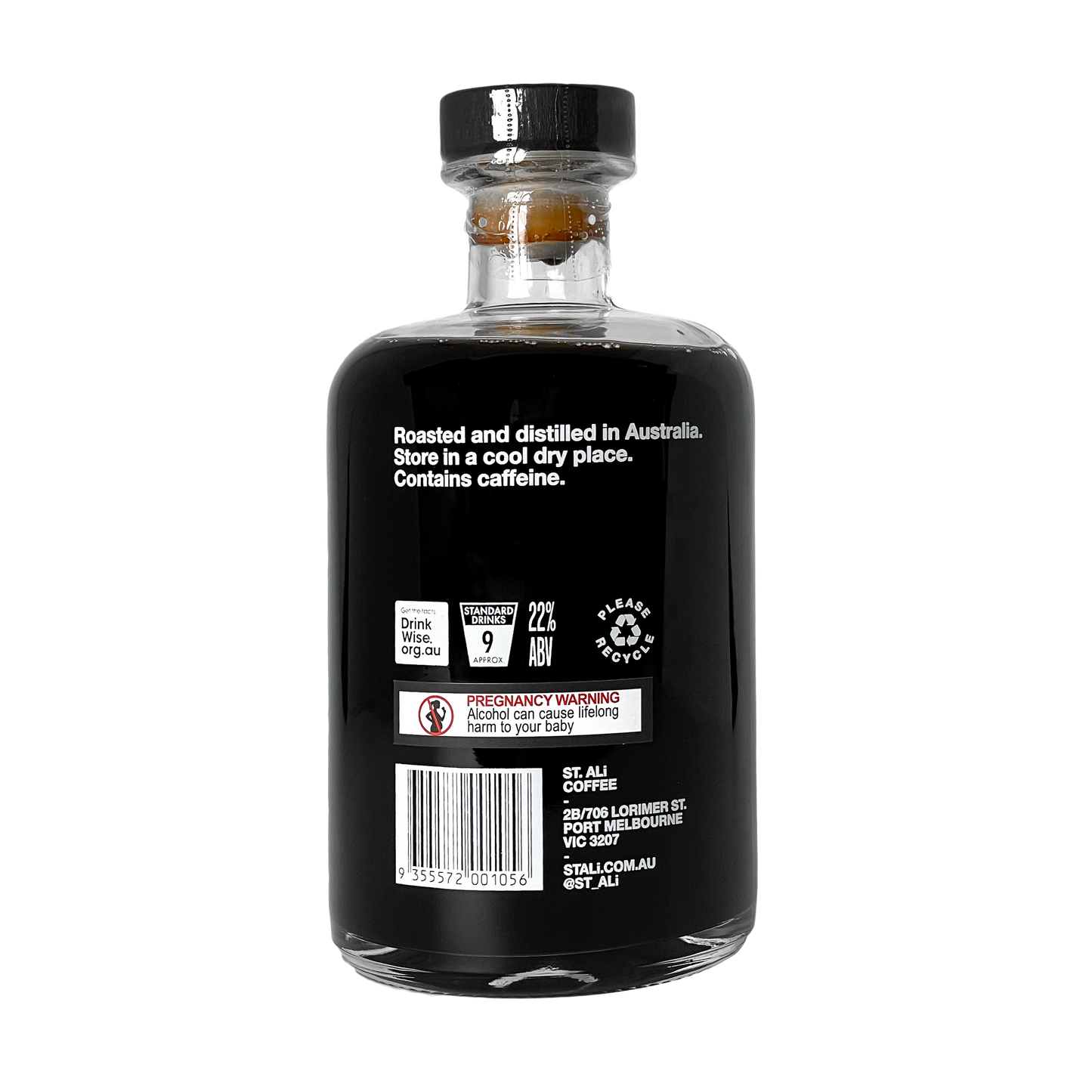 ST. ALi coffee liqueur wide awake 500 millilitre black bottle back view