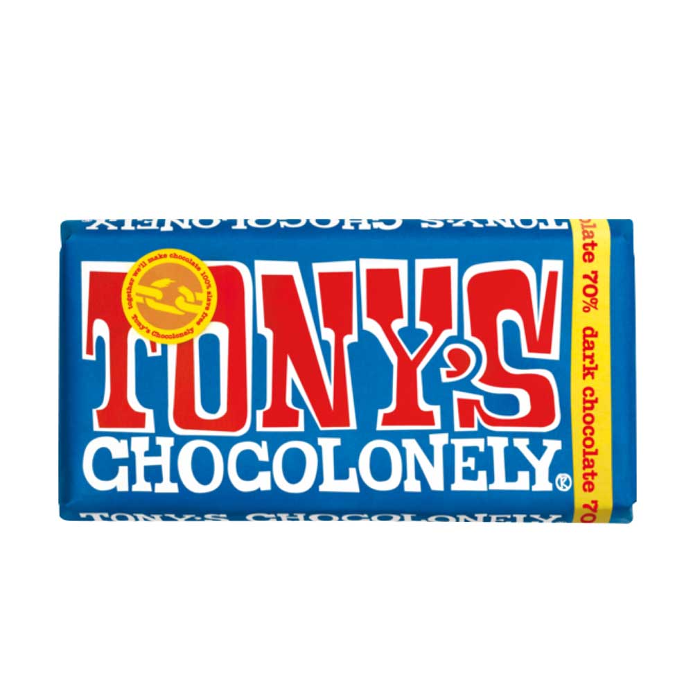 Tony's Chocolonely dark chocolate in blue packet