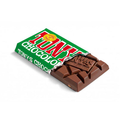 Tony's Chocolonely hazelnut chocolate coming out of green packet