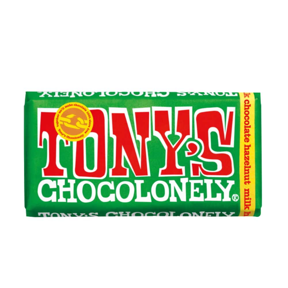 Tony's Chocolonely hazelnut chocolate in green packet