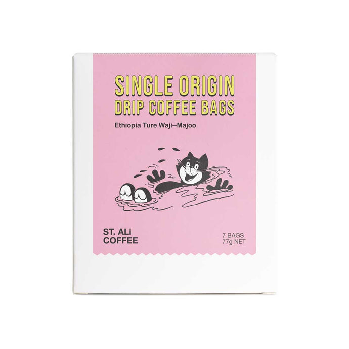 Pink and white box of Single Origin Ethiopia drip coffee bags 77 grams